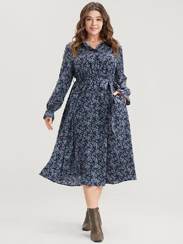 Ditsy Floral Pocket Belted Shirt Collar Dress