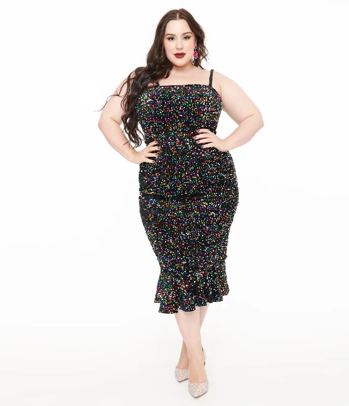 Unique Vintage Plus Size Rainbow Sequin Strapless Spotlight Wiggle Dress