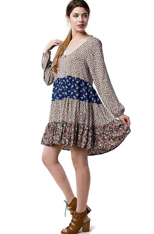 Mixed Print Tie Back Dress, Taupe