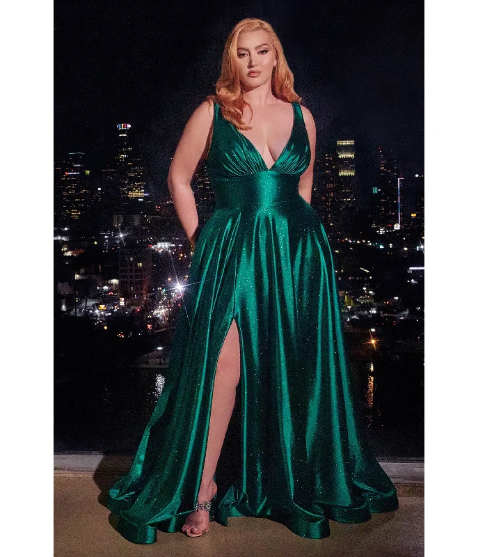 Cinderella Divine Plus Size Emerald Satin Prom Dress