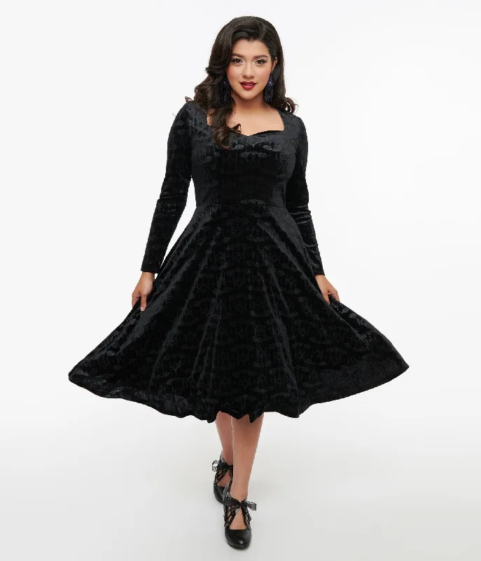 1950s Black Velvet Bat Print Fit & Flare Dress