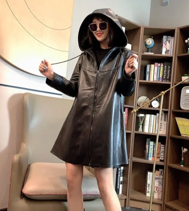 Genuine Leather Long Jacket Hooded Loose