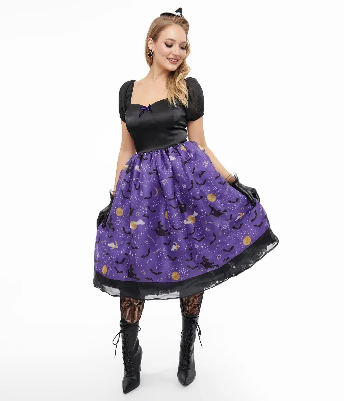 Unique Vintage Light Up 1950s Black & Purple Witch Swing Dress