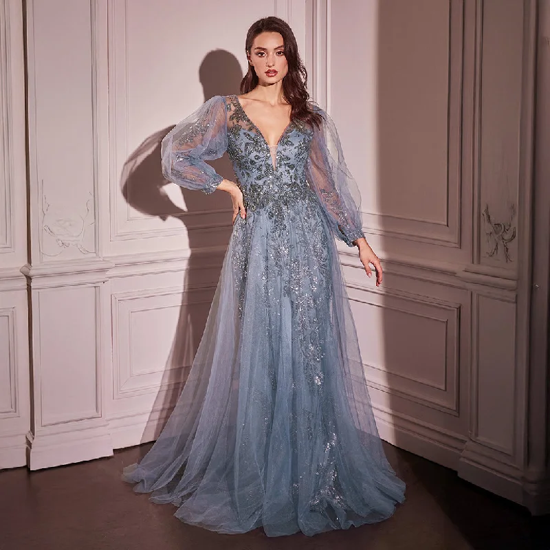 Cinderella Divine Smoky Blue Beaded Long Sleeve A-Line Prom Dress