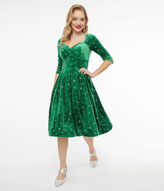 Unique Vintage 1950s Green & Silver Snowflake Velvet Lamar Swing Dress