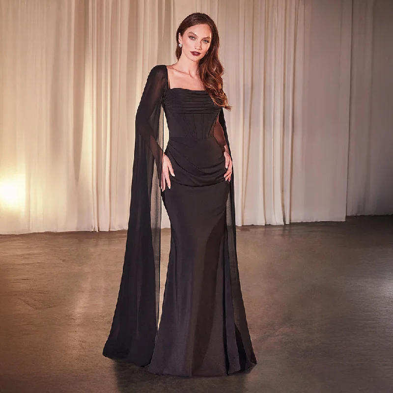 Cinderella Divine Black Chiffon Fitted Cape Sleeve Prom Dress