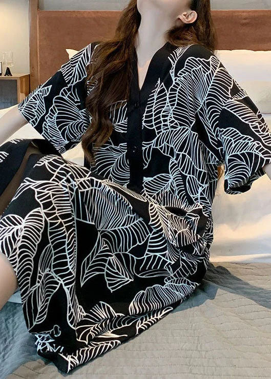 Style Black V Neck Print Patchwork Cotton Pajamas Dresses Summer