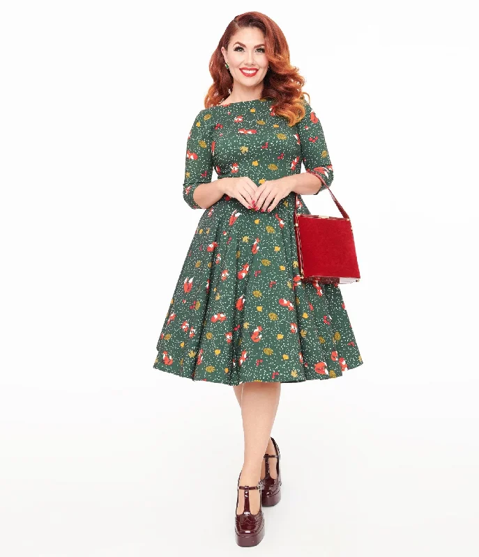 Unique Vintage 1950s Green Winter Fox Devon Swing Dress