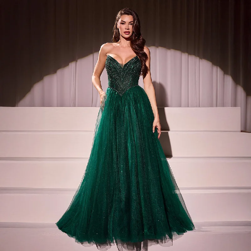 Cinderella Divine Emerald Beaded Strapless Tulle Prom Dress