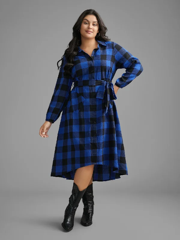 Plaid Patch Pocket Belted Midi Dress