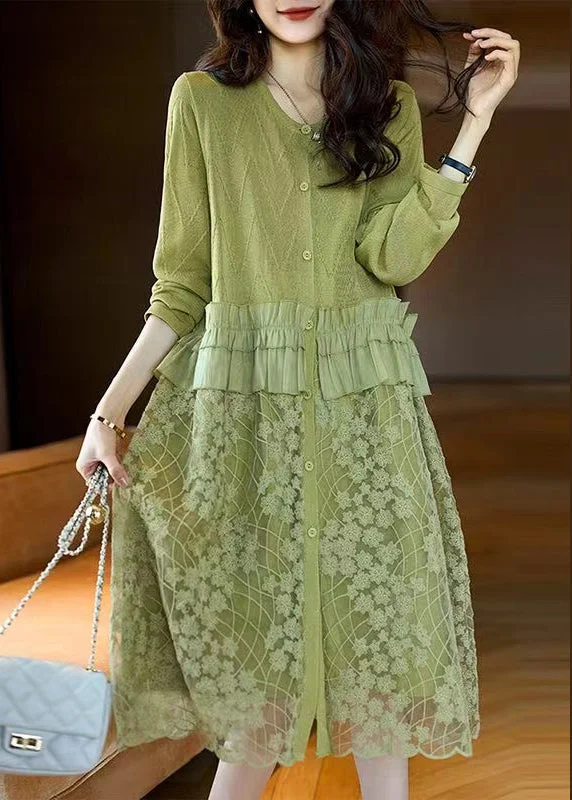 Stylish Green Ruffled Button Lace Patchwork Dresses Long Sleeve