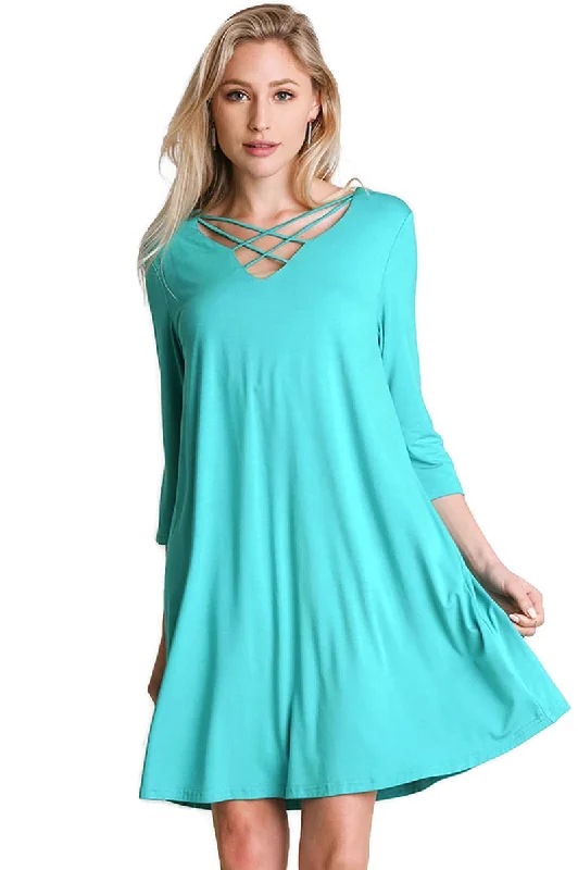 Casual Crossed Neck Shift Dress, Jade