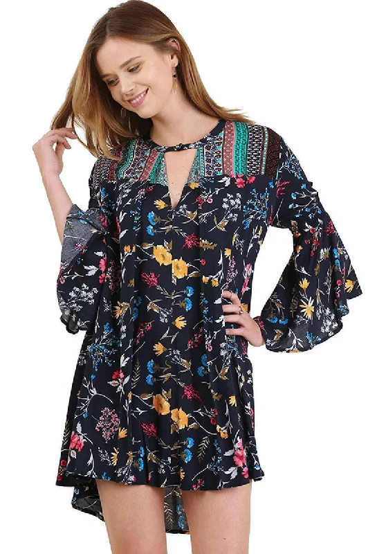 Floral Bell Sleeve Dress, Navy Mix