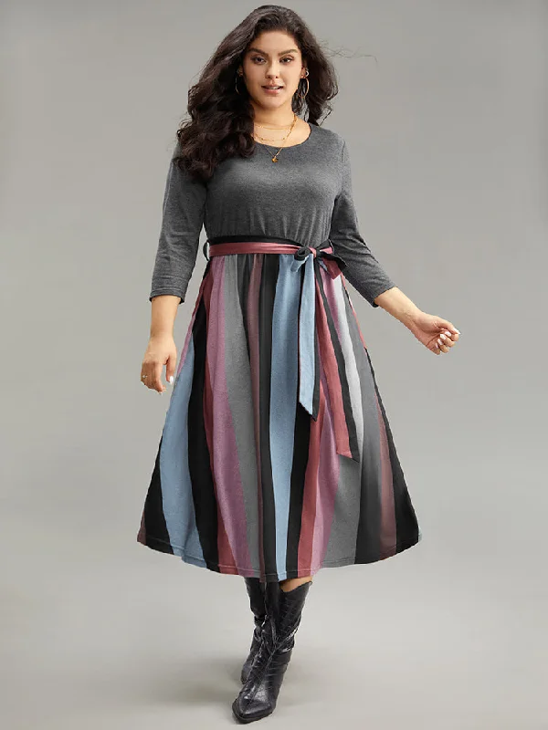 Striped Contrast Patchwork Belted Dress