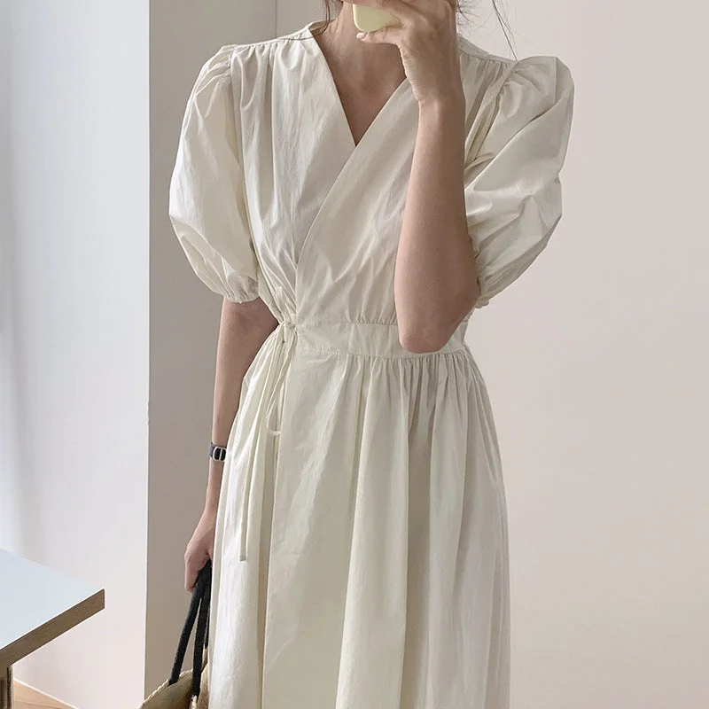 Julia Fashion - Chic Korean V-Neck Tie High Waist Summer Dress