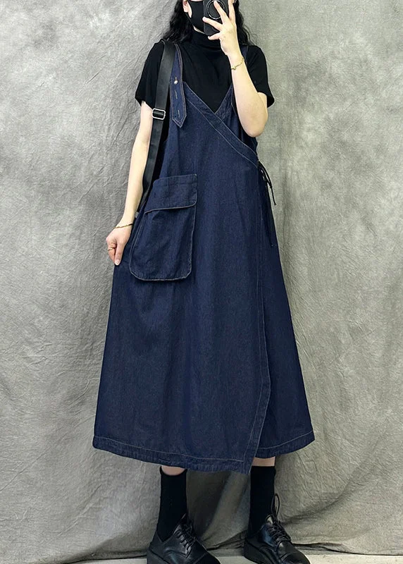 Original Design Navy Patchwork Denim Spaghetti Strap Dresses Spring