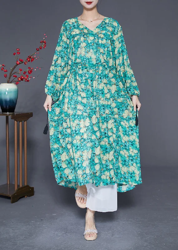 Plus Size Green Cinched Print Chiffon Maxi Dresses Lantern Sleeve