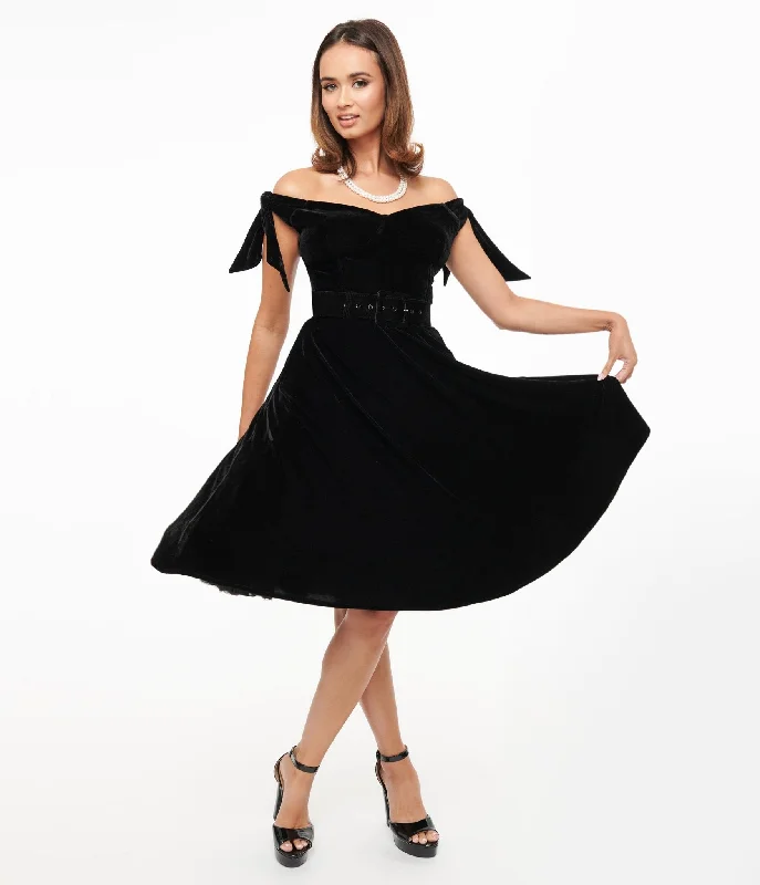 Unique Vintage 1960s Black Velvet Off The Shoulder Swing Dress