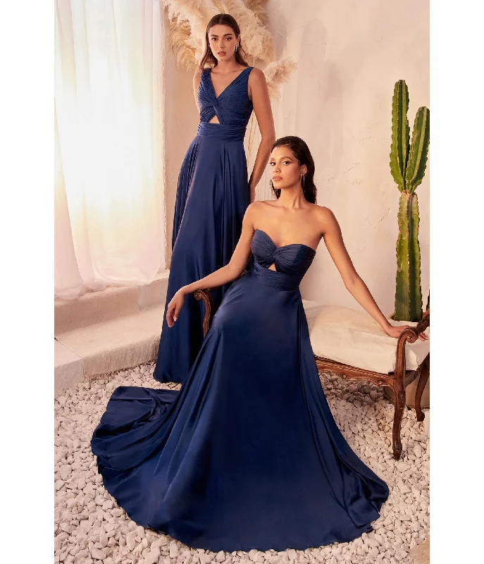 Cinderella Divine  Navy Satin Strapless Keyhole Evening Gown