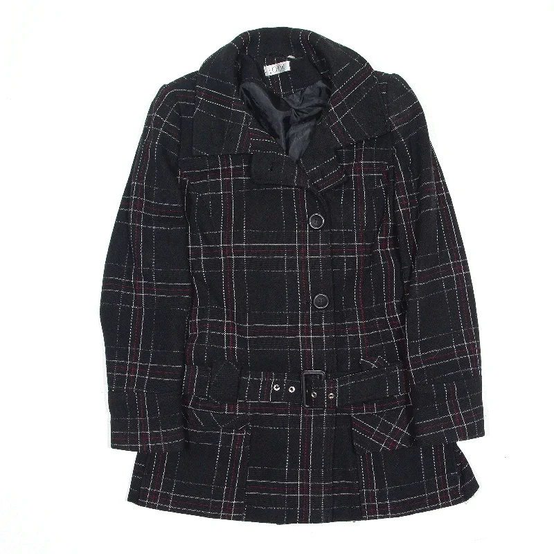 LOOK Overcoat Jacket Black Wool Check Womens UK 10