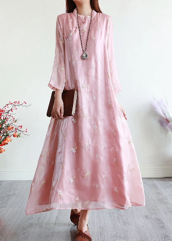 Chinese Style Pink Embroideried Patchwork Silk Dresses Summer