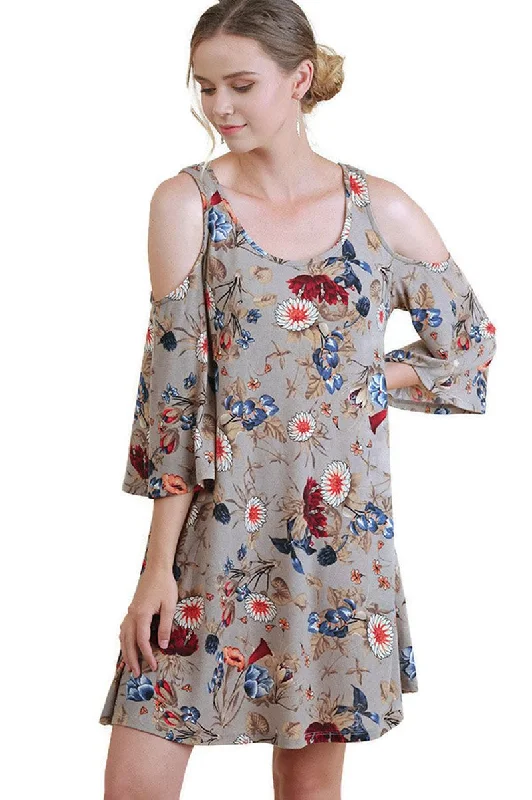 Floral Cold Shoulder Dress, Latte