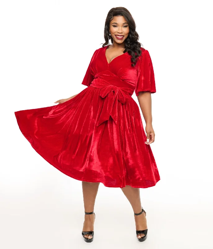 Unique Vintage Plus Size 1940s Red Velvet Flutter Sleeve Swing Dress