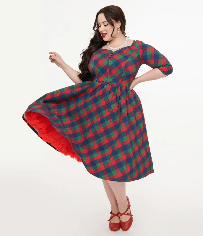 Unique Vintage Plus Size 1950s Green & Red Plaid Sweetheart Swing Dress