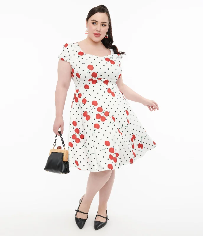 Dolly & Dotty 1950s White Polka Dot Cherry Swing Dress