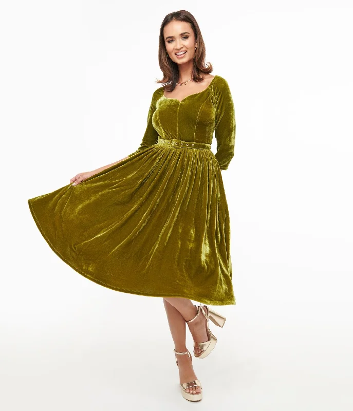 Unique Vintage 1950s Chartreuse Velvet Sweetheart Swing Dress