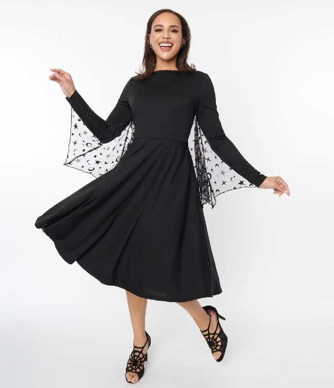 Unique Vintage Black & Mesh Bat Swing Dress