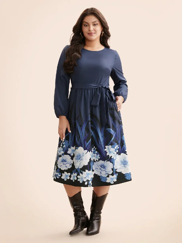 Boho Print Belted Lantern Sleeve Dress