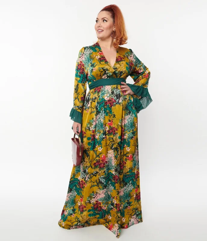 Unique Vintage Yellow & Teal Floral Print Maxi Dress