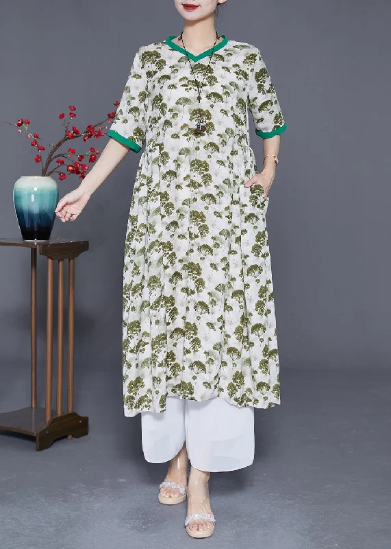 Elegant Green Print Exra Large Hem Linen Dresses Summer