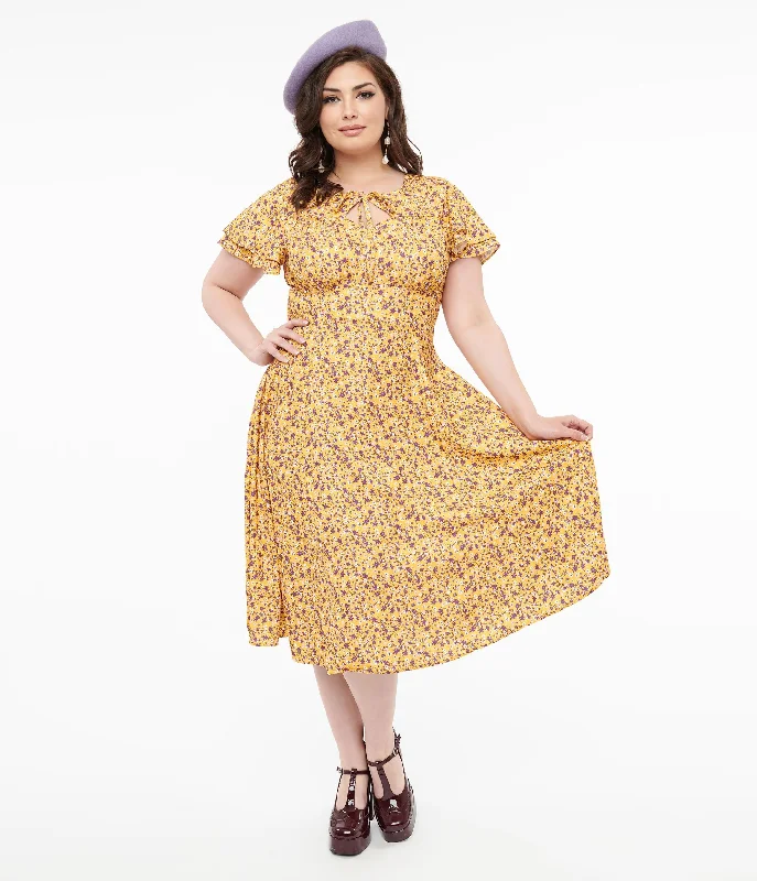 Plus Size 1950s Yellow & Purple Floral Capelet Swing Dress