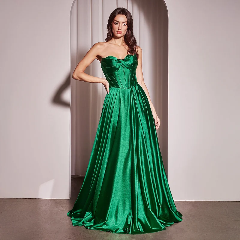 Cinderella Divine Emerald Satin Strapless A-Line Slit Prom Dress