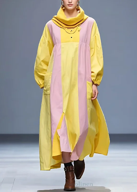 Art Yellow Pockets Patchwork Cotton Long Dresses Long Sleeve