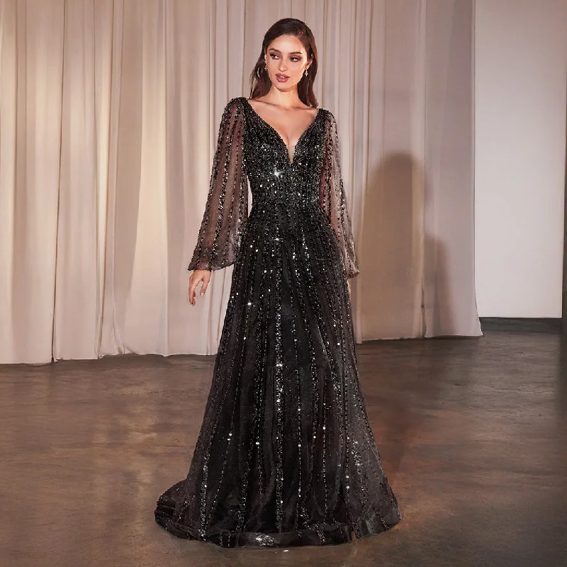 Cinderella Divine Black Beaded Long Sleeve A-Line Prom Dress