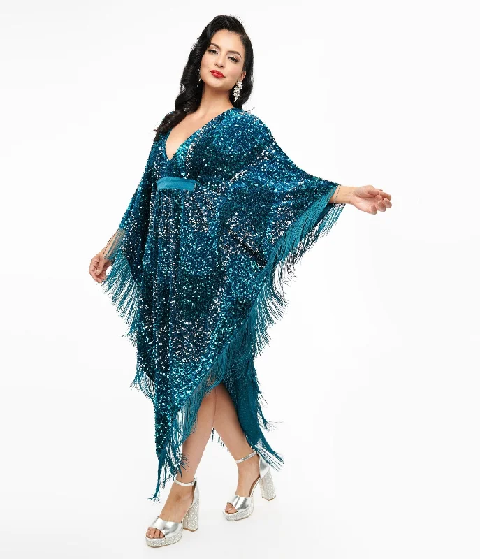 Smak Parlour 1970s Teal Sequin Fringe Caftan Dress