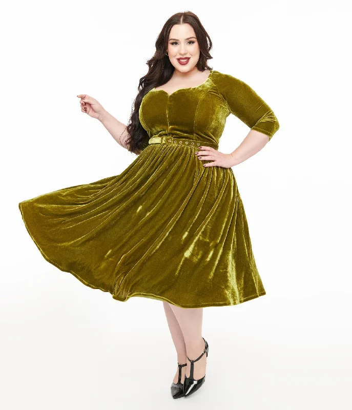 Unique Vintage Plus Size 1950s Chartreuse Velvet Sweetheart Swing Dress