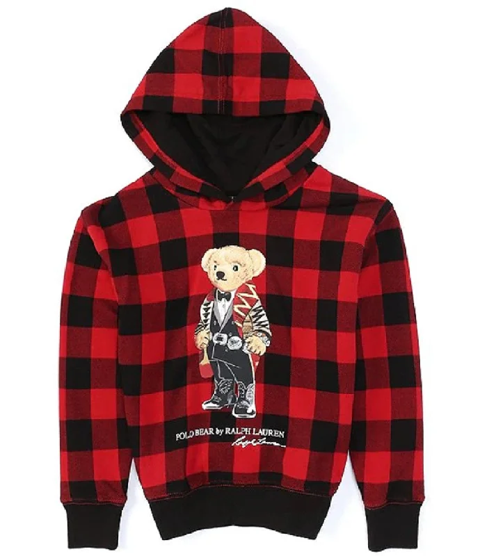 Polo Ralph Lauren Big Girl's Polo Bear Fleece Hoodie, Plaid, L