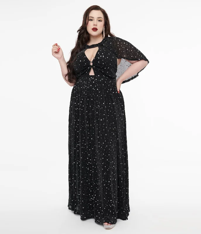 Smak Parlour Plus Size 1970s Black & Silver Star Cape Maxi Dress