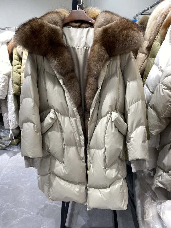 White Goose Down Fur Collar Long Puffer Coats