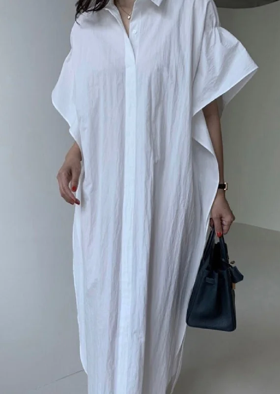 Plus Size White Peter Pan Collar Button Cozy Long Shirt Dress Summer