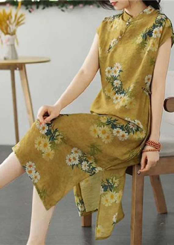 Retro Yellow Stand Collar Button Patchwork Linen Dresses Summer