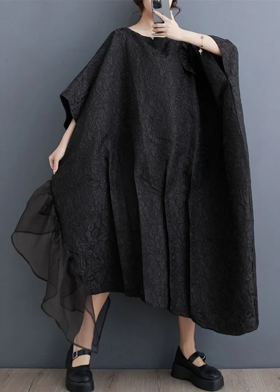 Fashion Black Floral Tulle Patchwork Maxi Asymmetrical Dress Batwing Sleeve