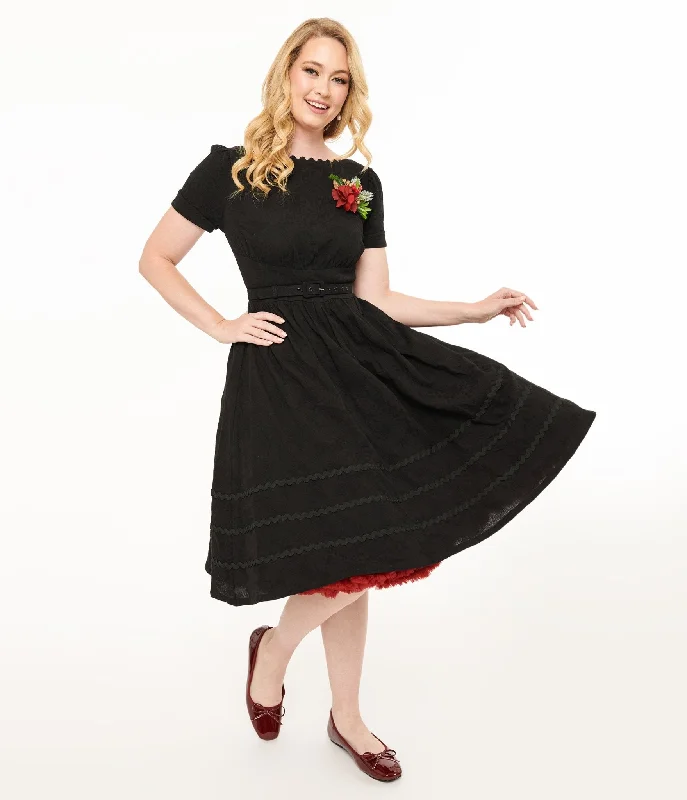 Unique Vintage 1950s Black Holiday Floral Pin Cotton Swing Dress