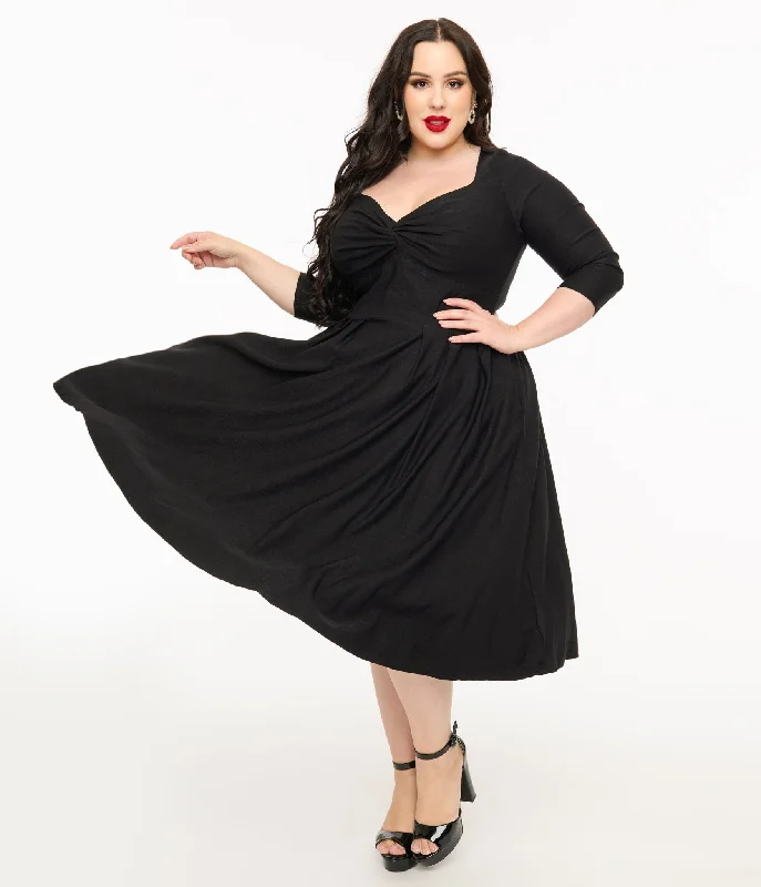 Unique Vintage Plus Size 1950s Black Bengaline Front Twist Swing Dress