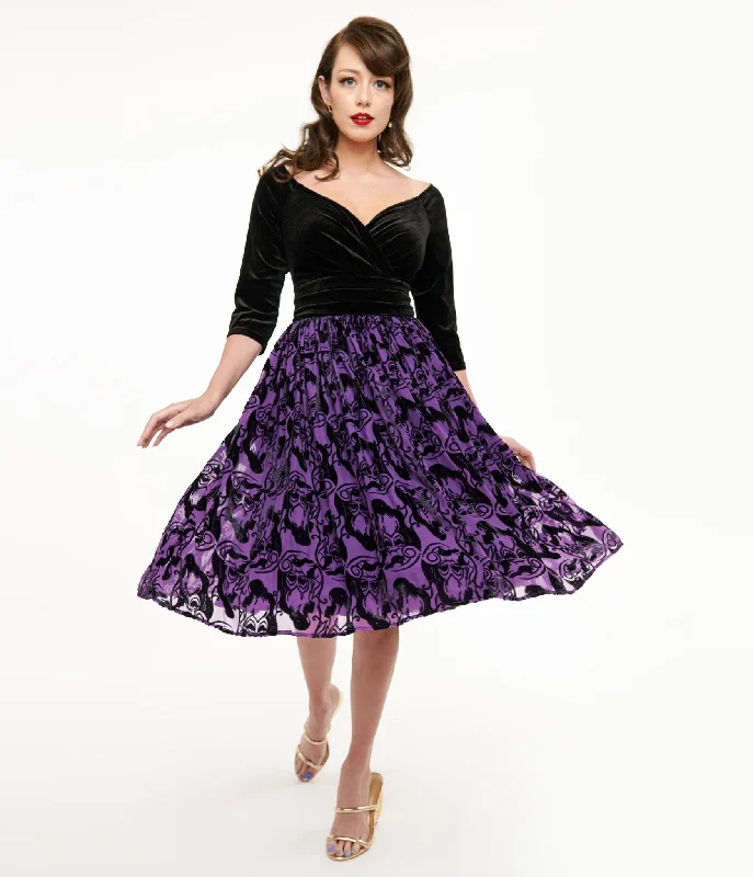 Disney Princess collection by Unique Vintage Purple & Black Ursula Burnout Velvet Marceline Swing Dress