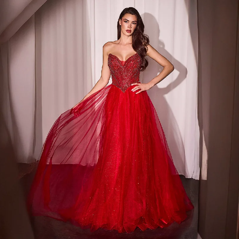 Cinderella Divine Red Beaded Strapless Tulle Prom Dress